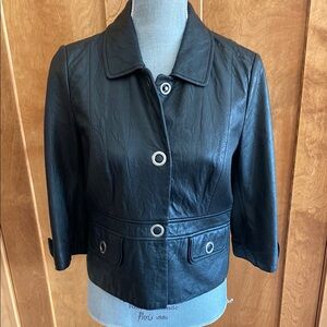 Halogen NWOT Leather BNC World Black Lined Jacket Tailored Fit Lines Women Sz M